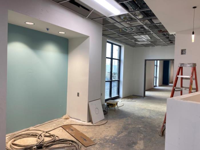 rec center construction progress Accent seating- main entry
